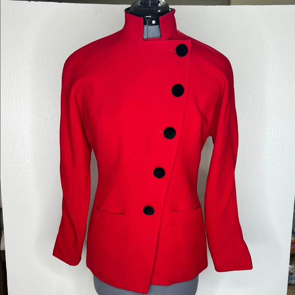 Vintage Christian Dior Red Women's Wool and Velvet Blazer - Picture 9 of 14